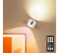 LuminexDesigns Rechargeable LED Wall Light, Wireless No-Drill RGB Wall Lamp White, Stick-On Indoor Cordless Sconce with Remote Control & Touch Dimming Timing for Bedside, Kitchen & Picture Lighting