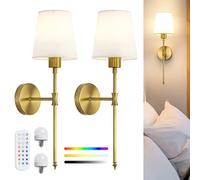 LuminexDesigns Rechargeable Wireless Wall Sconce Lights Set of 2 - Vintage Elegant Fabric Shade Magnetic RGB Bulb with Remote Control, Battery Operated Wall Lights for Bedroom & Living Room, Gold