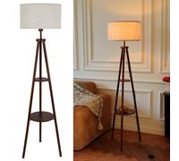 LuminexDesigns Tripod Floor Lamp with Shelf, Vintage Walnut Corner Standing Lamp with Linen Lampshade, Foot Switch, 2-Tier Storage, Tall E27 Light for Living Room, Bedroom and Reading (Bulb Required)