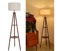 LuminexDesigns Tripod Floor Lamp with Shelf, Vintage Walnut Corner Standing Lamp with Linen Lampshade, Foot Switch, 2-Tier Storage, Tall E27 Light for Living Room, Bedroom and Reading WOVI FL03