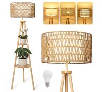 LuminexDesigns Tripod Floor Lamp Wooden with 2 Shelves, Double Rattan & Fabric Shade Standing Lamp, Boho Corner Lamp 154cm 3 Colour Temperatures via Foot Switch, E27 Bulb, for Living Room Bedroom