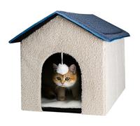 Luminexis Foldable Cat House with Plush Hanging Ball - Cozy Cottage-Style Pet Bed, 18.9"x17.7"x17.3" Off-White | Slanted Roof & Arch Door for Indoor Kittens