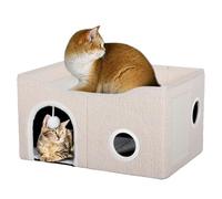 Luminexis Foldable Cat House with Scratching Pad & Plush Ball - Premium Lambswool Pet Bed for Indoor Cats, Reversible Cushion, Easy-Assemble Kitty Hideout, 24"x16"x13" Cream White