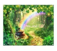 Luminora 10x8ft Fabric St. Patrick's Day Backdrop Glitter Irish Shamrock Lucky Gold Coin Road Rainbow Forest Photography Background Holiday Party Decorations Photo Props