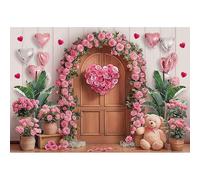 Luminora 10x8ft Fabric Valentine's Day Backdrop Pink Rose Love Heart Balloons Bear Wooden Door Photography Background Bridal Shower Wedding Party Decorations Photo Props