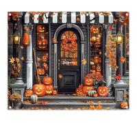 Luminora 10x8ft Fall Halloween Witch's Pumpkin Shop Backdrop Autumn Maple Leaves Gothic Door Pumpkin Lantern Background Holiday Decorations Party Photo Banner