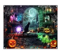 Luminora 10x8ft Halloween Magic Witch Backdrop Scary Castle Pumpkin Lantern Potions Moon Night Background Kids Holiday Decorations Party Photo Banner