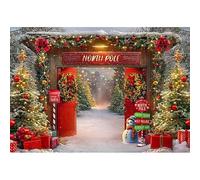 Luminora 10x8ft North Pole Red Wooden Door Santa's Home Backdrop Fairy Village Snowy Forest Reindeer Background Winter Merry Christmas Decor Party Photo Banner