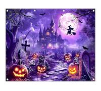 Luminora 10x8ft Purple Halloween Castle Backdrop Spooky Cemetery Tombstone Black Cat Bat Ghost Background Witch Full Moon Haunted House Decor Photo Banner