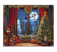 Luminora 10x8ft Winter Christmas Window Backdrop Christmas Trees Snow Forest Santa Claus Red Curtains Background Kids Family Decorations Party Photo Banner