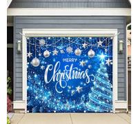 Luminora 1PC 8x7ft Merry Christmas Garage Door Banner Decor Glitter Boke Sparkle Blue Xmas Snowflake Backdrop Birthday Gifts Cover Outdoor Party Supplies