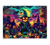 Luminora 2.4x1.8m Halloween Background with Magic Fluorescent Pumpkin Big Wizard Moon Haunted House Skeleton Background Pumpkin Head Decoration Kids Party Photo Banner