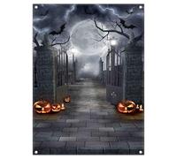 Luminora 6x8ft Halloween Full Moon Night Polyester Backdrop Castle Gate Scary Graveyard Pumpkin Background Spooky Black Bats Decoration Kids Party Photo Banner