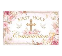 Luminora 72x43 inch First Holy Communion Backdrop Floral Pink Gold Cross Background Girl Religious Celebration Party Decorations Photo Banner Props
