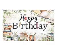 Luminora 72x43 inch Vintage Books Lover Happy Birthday Backdrop Glasses Clock Quill pen Floral Apple Background Baby Birthday Party Decor Photo Banner Props