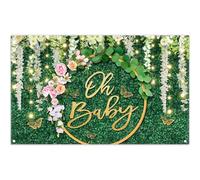 Luminora 72x43inch 2D Digital Printing Oh Baby Green Leaves Backdrop Spring White Flower Wall Background Neutral NewBorn Birthday Party Decorations Banner Photo Props