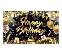 Luminora 72x43inch Black Gold Happy birthday Backdrop Balloons Champagne Cake Gifts Flag Background Men Boys Celebration Decoration Photo Banner Props