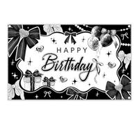 Luminora 72x43inch Fabric Black Bow Coquette Birthday Backdrop Stars Heart Balloons Photography Background Girls Party Decorations Photo banner Booth Props