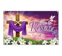 Luminora 72x43inch Fabric He is Risen Backdrop Spring Easter Religious Jesus Cross Photography Background Church Party Decorations Photo Banner Booth Props