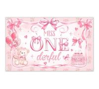 Luminora 72x43inch Fabric Miss Onederful 1st Birthday Backdrop Pink Bow Balloons Bear Photography Background Girl Baby Shower Party Decorations Photo Banner Props