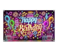 Luminora 72x43inch Fabric Neon Happy Birthday Photography Backdrop Glow In The Dark Colorful Disco Light Background Kids Adult Party Decorations Photo Props