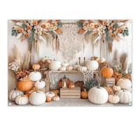 Luminora 7x5ft Autumn Bohemian Style White Wall Pumpkin Reed Backdrop | Polyester Fabric, Tapestry, Flowers Background, Harvest Family Kids Birthday Party Supplies, Outdoor Photo Booth
