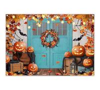 Luminora 7x5ft Autumn Farm Blue Barn Door Backdrop Fall Maple Leaves Pumpkin Wooden Box Bat Background Halloween Harvest Trick or Treat Decor Photo Banner Prop