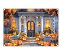 Luminora 7x5ft Autumn Halloween Pumpkin House Backdrop Fall Maple Leaves Villa Gate Yard Background Kid Birthday Party Decorations Adults Photo Banner Props