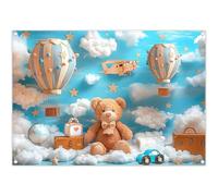 Luminora 7x5ft Boy Hot Air Balloon Toy Bear Blue Sky Backdrop Travel Brown Star White Clouds Background Baby Shower Birthday Party Decorations Photo Banner Props