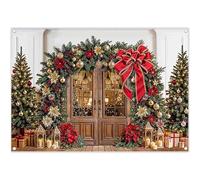 Luminora 7x5ft Brown Christmas Wooden Door Red Bow Green Gold Backdrop | Polyester Fabric, Tapestry, Celebrate Background, Kids Family Party Supplies, Banner Decoration, Outdoor Photo Booth