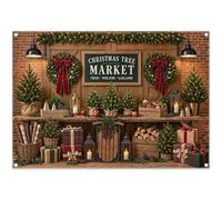 Luminora 7x5ft Christmas Tree Barn Door Wreath Gift Background | Polyester fabric, garland, bow, wooden table and red brick wall, great for Christmas and New Year celebrations
