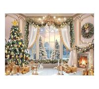 Luminora 7x5ft Christmas White Hall Glass Window Backdrop Winter Snowy Xmas Trees Wreath Warm Fireplace Toy Background Celebrate Festival Decor Photo Banner Props