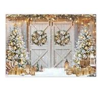 Luminora 7x5ft Christmas White Wooden Farm Door Backdrop Winter Snowy Xmas Trees Gifts Barn Background Kids Celebrate Festival Decor Photo Banner Props