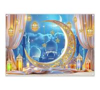 Luminora 7x5ft Fabric Ramadan Mubarak Photography Backdrop Blue Gold Moon Night Lanterns Background Muslim Eid Home Party Decorations Photo Banner Props
