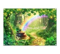Luminora 7x5ft Fabric St. Patrick's Day Backdrop Glitter Irish Shamrock Lucky Gold Coin Road Rainbow Forest Photography Background Holiday Party Decorations Photo Props
