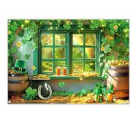 Luminora 7x5ft Fabric St. Patrick's Day Backdrop Spring Window Green Scenery Irish Shamrock Gold Coin Photography Background Festival Holiday Party Decor Photo Props