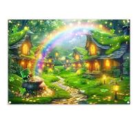 Luminora 7x5ft Fabric St. Patrick's Day Village Backdrop Lucky House Grassland Rainbow Irish Shamrock Gold Coin Photography Background Holiday Party Decorations Photo Props
