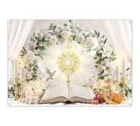 Luminora 7x5ft First Holy Communion Backdrop Cross White Roses Lily Dove Candle Bible Background Baptism Baby Shower Party Decoration Photo Banner Props