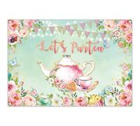 Luminora 7x5ft Green Tea Party Backdrop Spring Floral Garden Cottage Background Afternoon Tea Time Decorations Girl Woman Happy Birthday Banner Photoshoot
