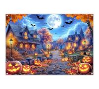 Luminora 7x5ft Halloween Ghost Town Night Path Pumpkin Bat Moon Backdrop