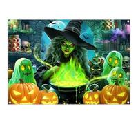 Luminora 7x5ft Halloween Magic Green Witch's Kitchen Backdrop Cauldron Ghost Black Cat Potion Pumpkin Bat Glass Jar Background Evil Terror Decor Photo Banner