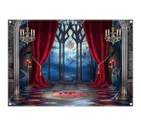 Luminora 7x5ft Halloween Vampire Medieval Castle Gothic Window Backdrop Red Curtains Spiderweb Palace Background Bats Haunted House Decor Party Photo Banner