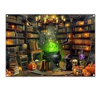 Luminora 7x5ft Halloween Wizard Magic Bookshelf Backdrop Witch Cauldron Bookcase Background Spooky Ghost Bat Pumpkin Decoration Kids Party Photo Banner