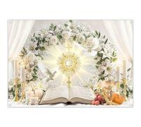Luminora 7x5ft Holy Communion Photography Backdrop Cross White Rose Lily Dove Bible Polyester Background for Christening Baby Shower Wedding Decorations Banner Photo Booth Props