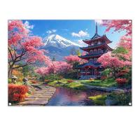 Luminora 7x5ft Japanese Garden Spring Blooming Cherry Flowers Backdrop Snow Mountain Courtyard Floral Background Party Decoration Photo Banner Booth