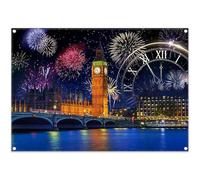 Luminora 7x5ft New Year's Eve Cityscape Fireworks Backdrop Night Scene Clock Tower River Background Family Holiday Party Decoration Photo Banner Props
