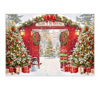 Luminora 7x5ft North Pole Christmas Village Backdrop Xmas Trees Red Gate Gifts Snowy Forest Background Christmas Festive Kids Decor Photo Banner Props