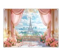 Luminora 7x5ft Paris Terrace Pink Curtain Backdrop Eiffel Tower Spring Floral Roses European City Landscape Photography Background Girls Party Decorations Photo Banner