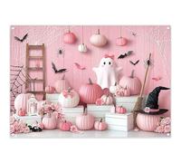 Luminora 7x5ft Pink Halloween Wood House Backdrop Pumpkin Cute Ghost Flowers Witch Hat Bat Spider Web Background Kids Trick or Treat Decor Photo Banner Props