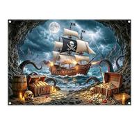 Luminora 7x5ft Pirate Ship Storm At Sea Moonlight Giant Octopus Backdrop | Polyester Fabric, Halloween Navigation Treasure Background, Birthday Party Supplies, Banner Decorations, Photo Booth Props